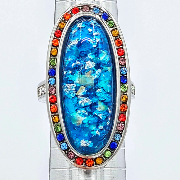 Multi Color Austrian Crystal Lab Created Faux Opal Statement Ring Stainless Sz 8 - Picture 2 of 4